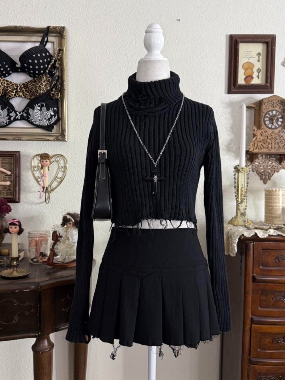 Emo goth grunge black ribbed distressed turtle neck cropped sweater